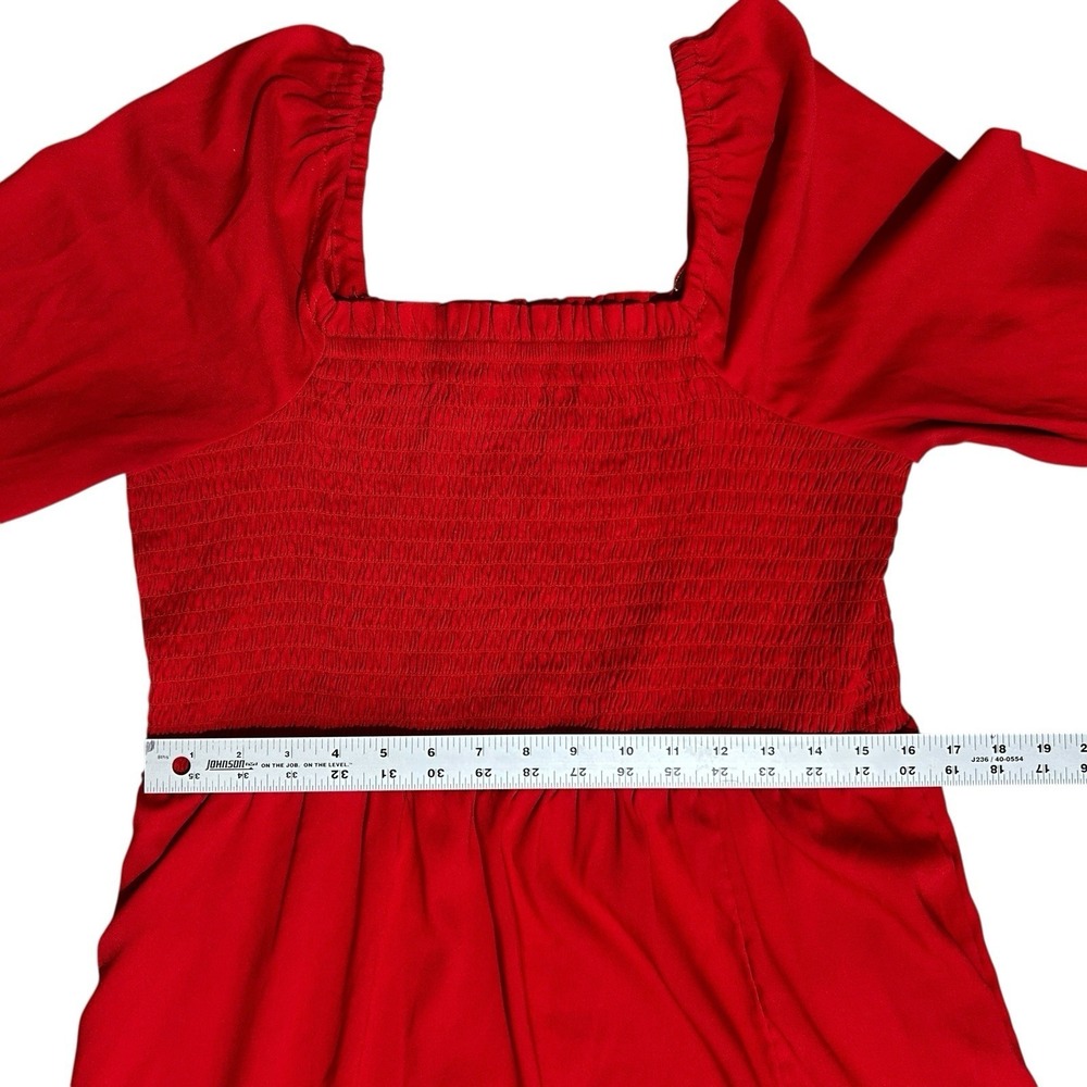LA LIGNE Red Midi Dress sz L Smocked Bodice Balloon Sleeve Minimalist Workwear - Picture 4 of 12